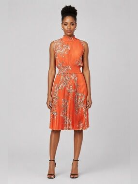 NWT NANETTE LEPORE Pleated Floral Midi Dress 2 Coral Mock Neck Smocked Waist